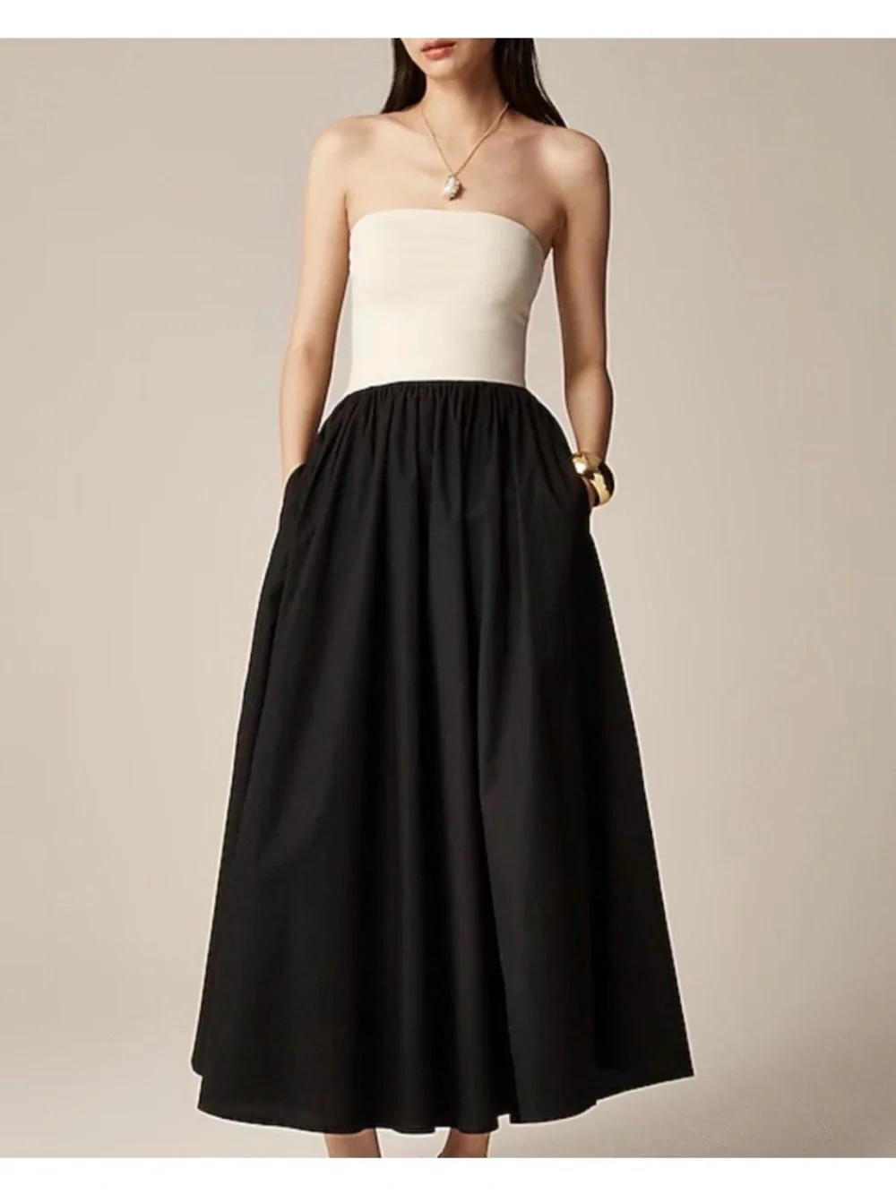 J. Crew Colorblock Strapless Black Cream Maxi Dress Pockets Women’s L
